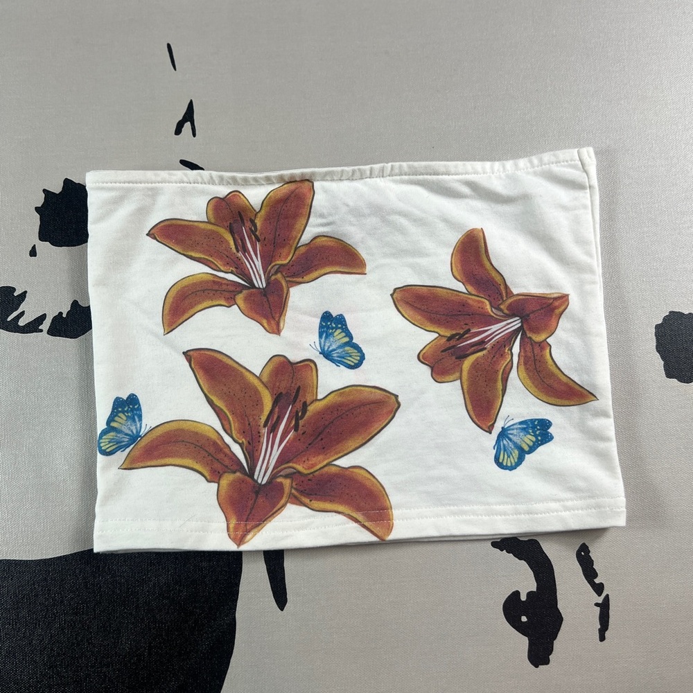 Edikted White Tube Top with Brown Floral and Blue Butterfly Design
